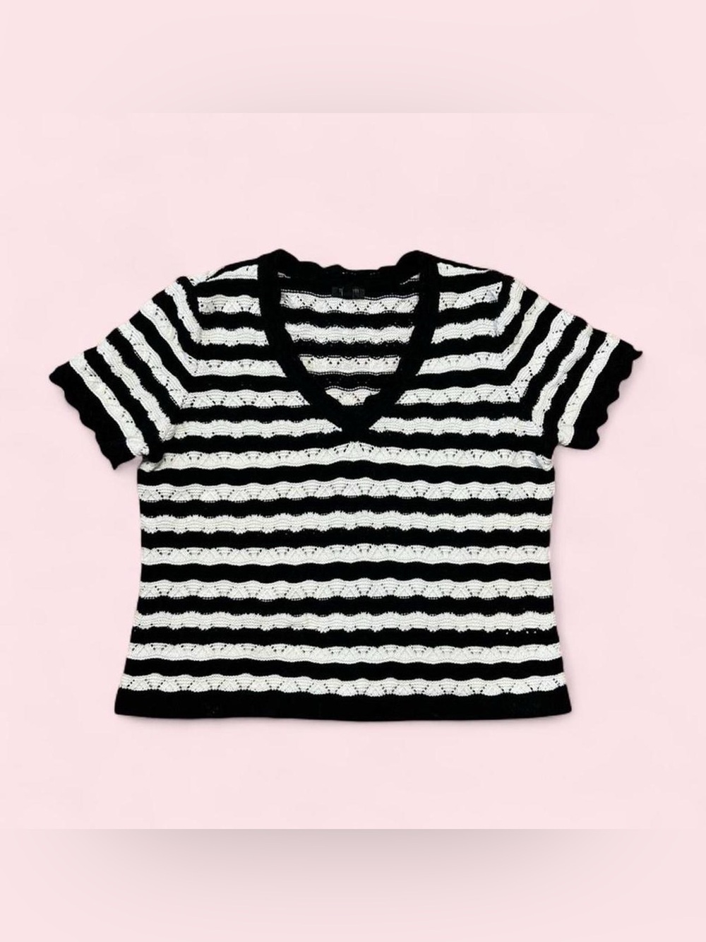Talbots Crocheted Black and White Striped Knit V-Neck Top 🧶